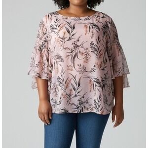 ALYX Pink‎ Floral Blouse Top XL Sheer Bell Sleeve Lined Lightweight Dressy